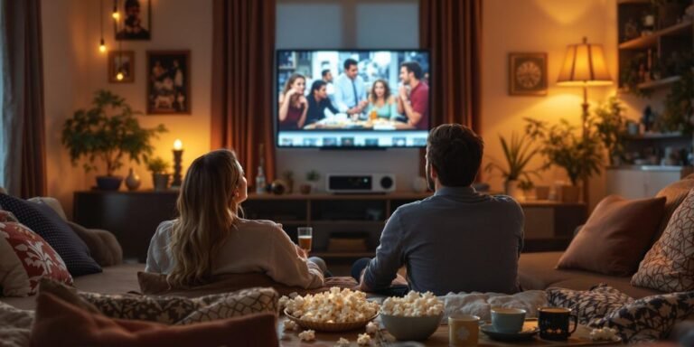 Couple watching best 90's movies in a cozy setting.